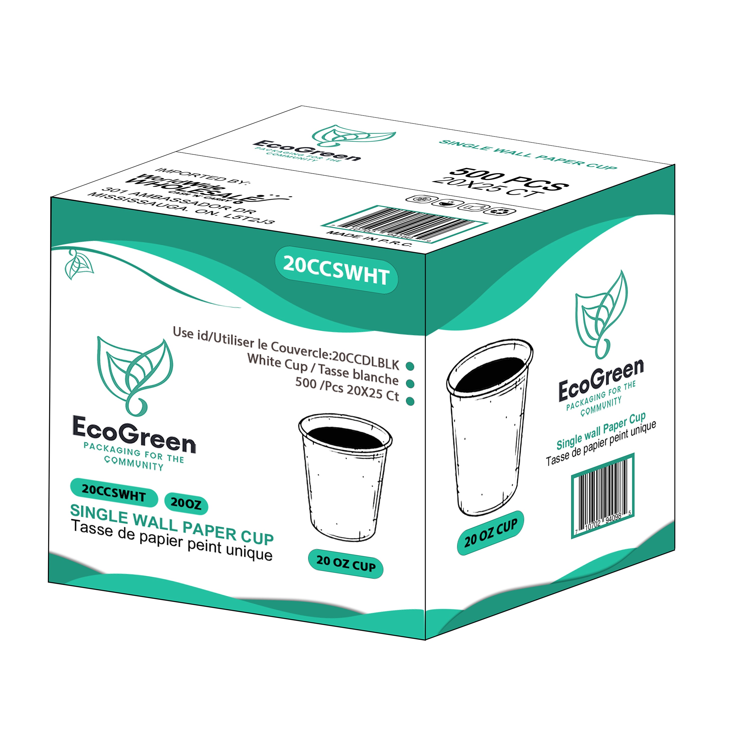 EcoGreen - 20oz Single Wall Paper Cup - White