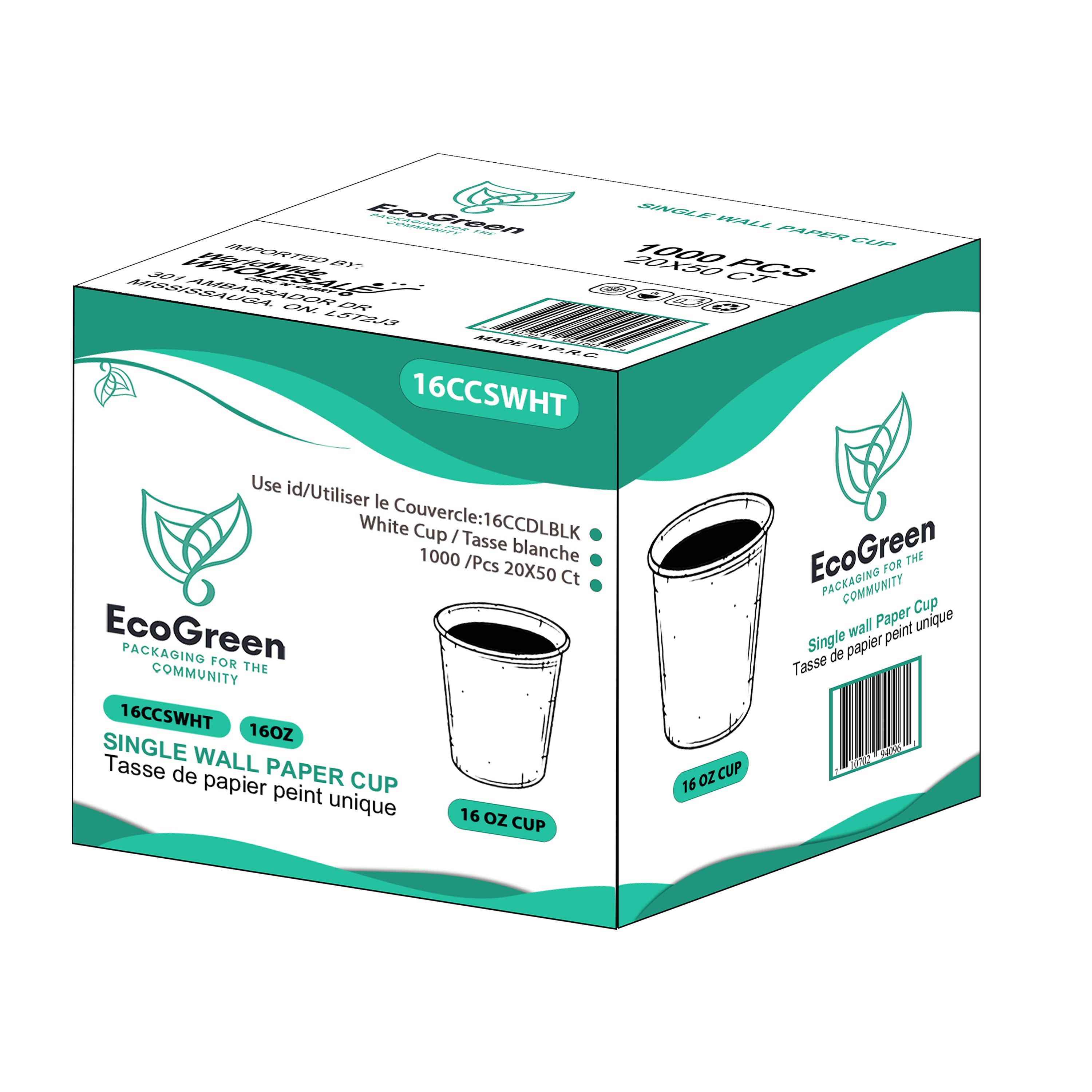 EcoGreen 16oz Single Wall Paper Cup - White