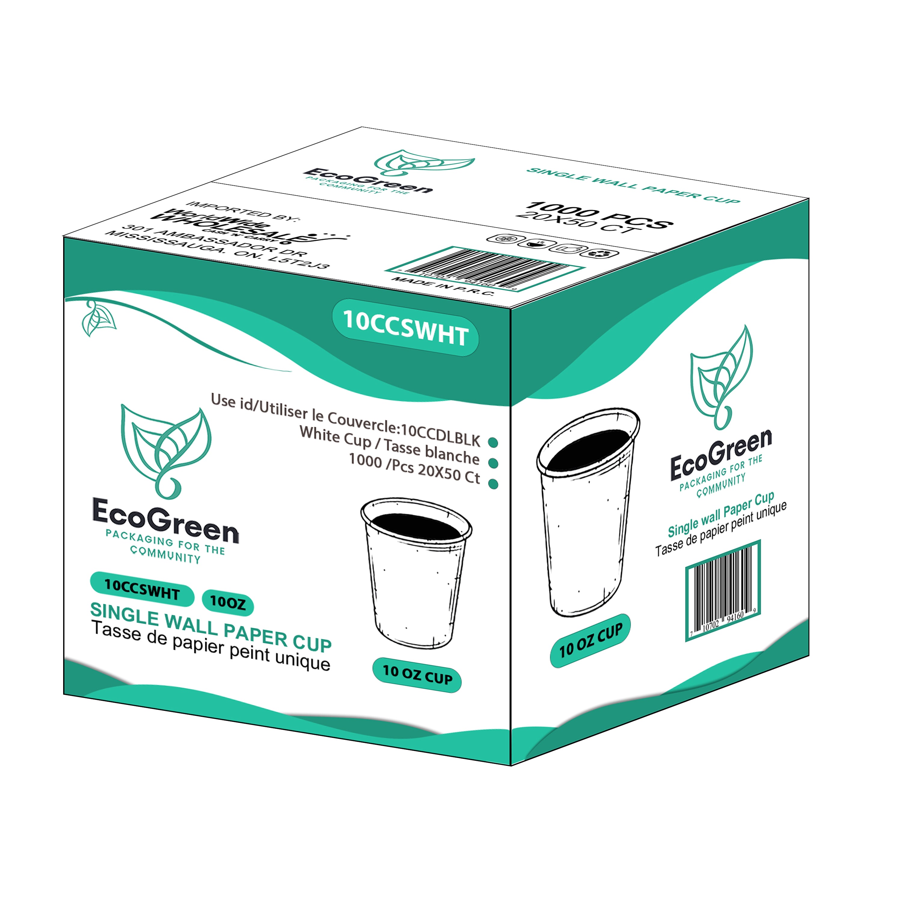 EcoGreen - 10oz Single Wall Paper Cup - White