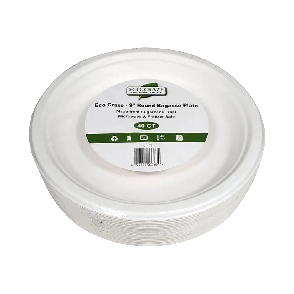 EcoCraze - 9" Round Bagasse Plate - Retail Pack