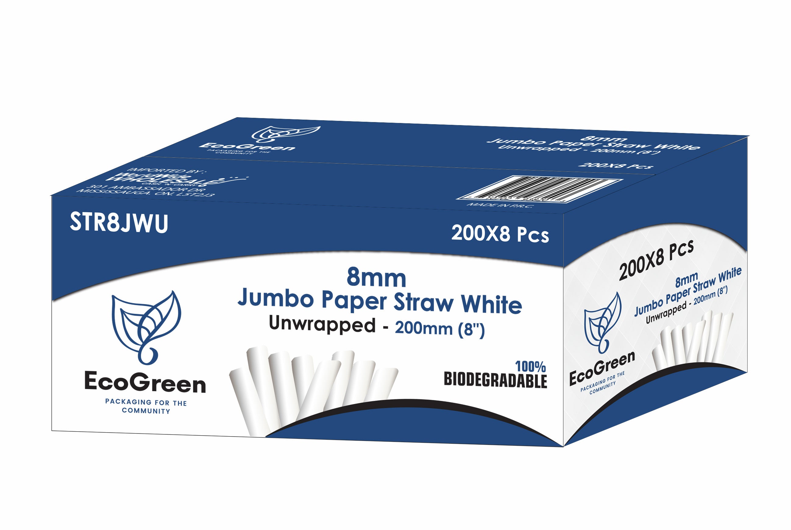 Ecogreen - 8" Jumbo Paper Straws - Unwrapped - 200Ct