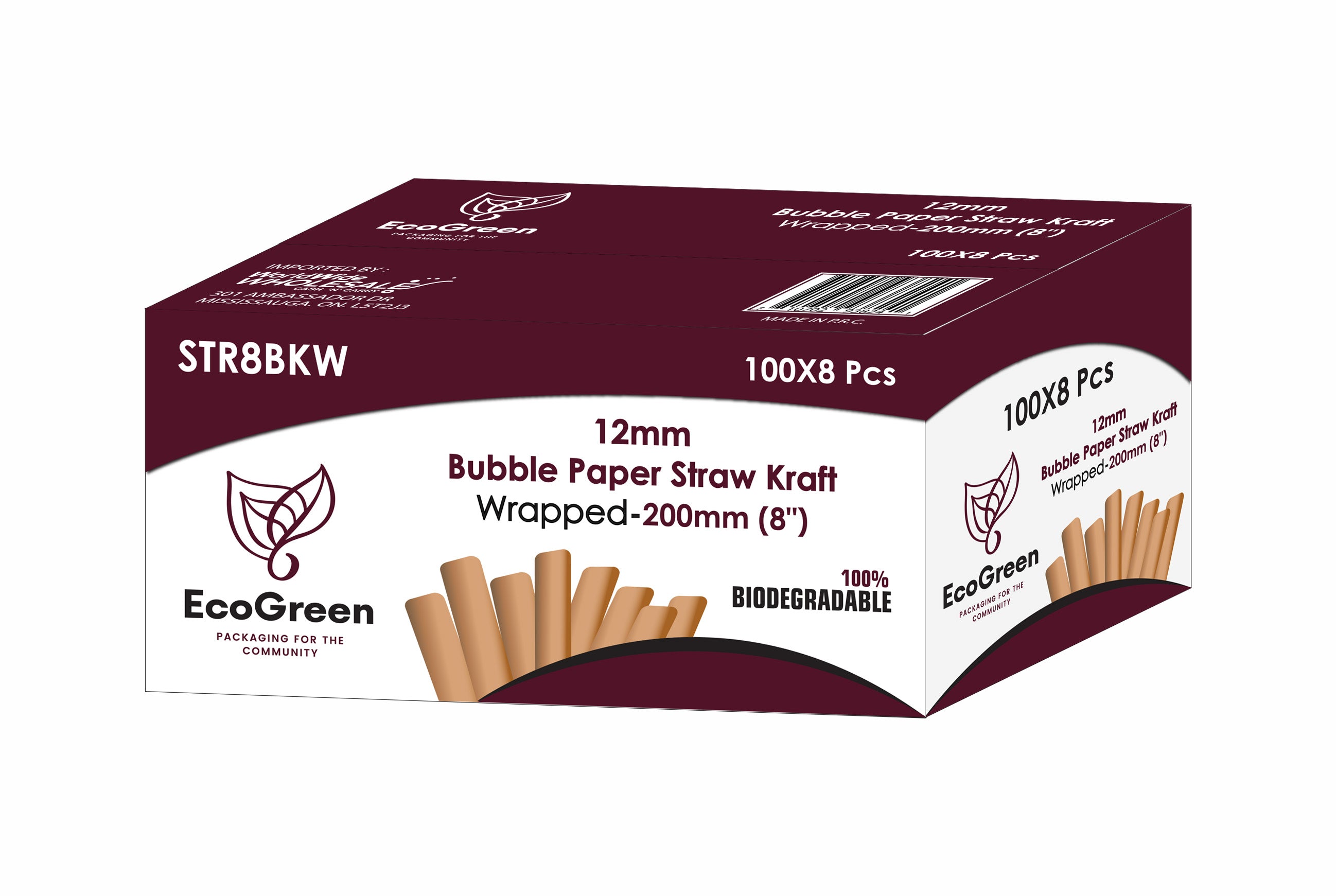 Ecogreen - 8" Bubble Paper Straws - Wrapped - Kraft - 100Ct