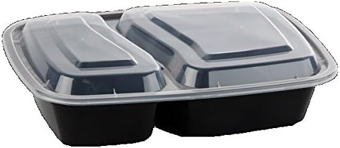 PCM - 9" Rectangular Black 2 Compartment Plastic Container 32oz - Combo