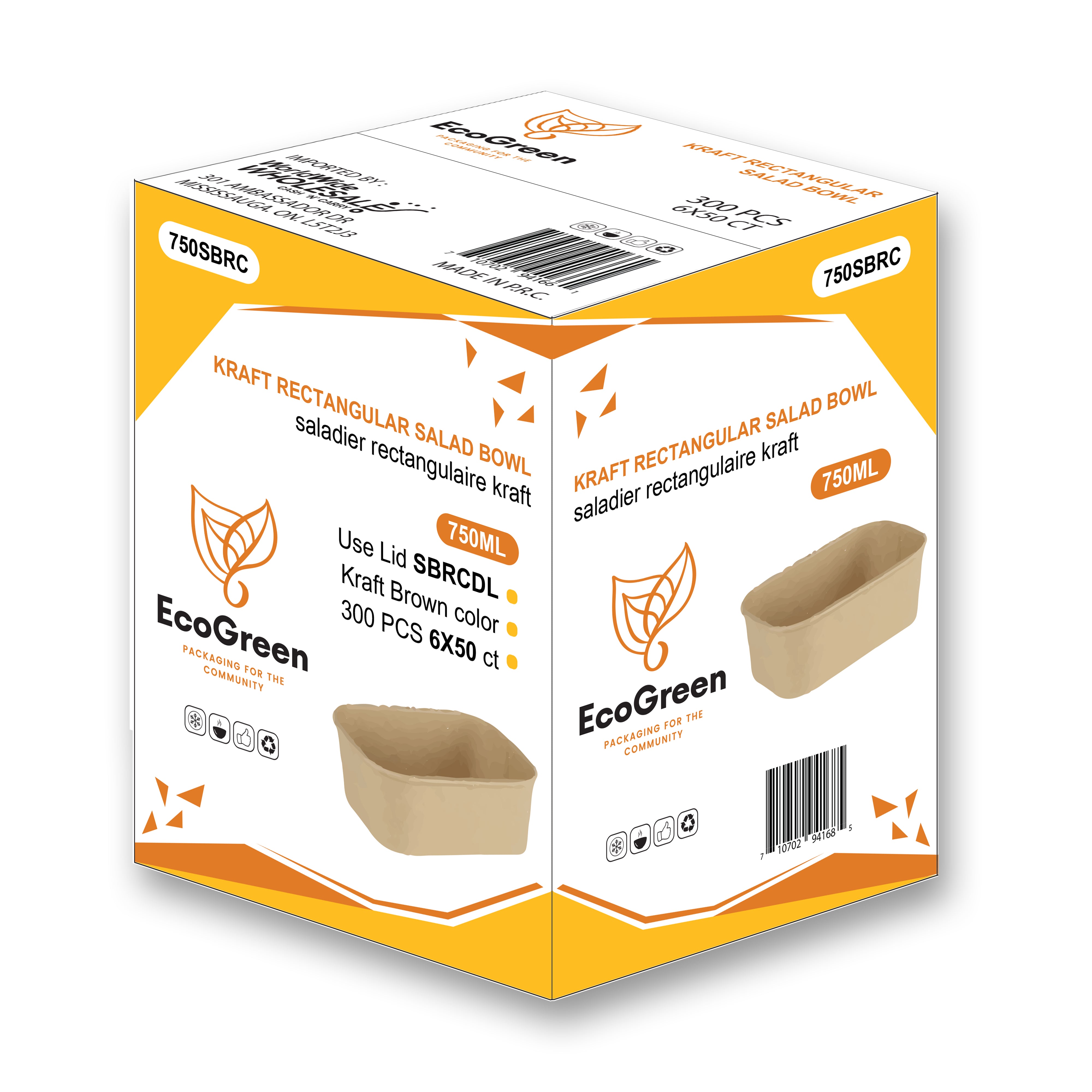 EcoGreen - Kraft Salad Bowl - Rectangular - 750ml