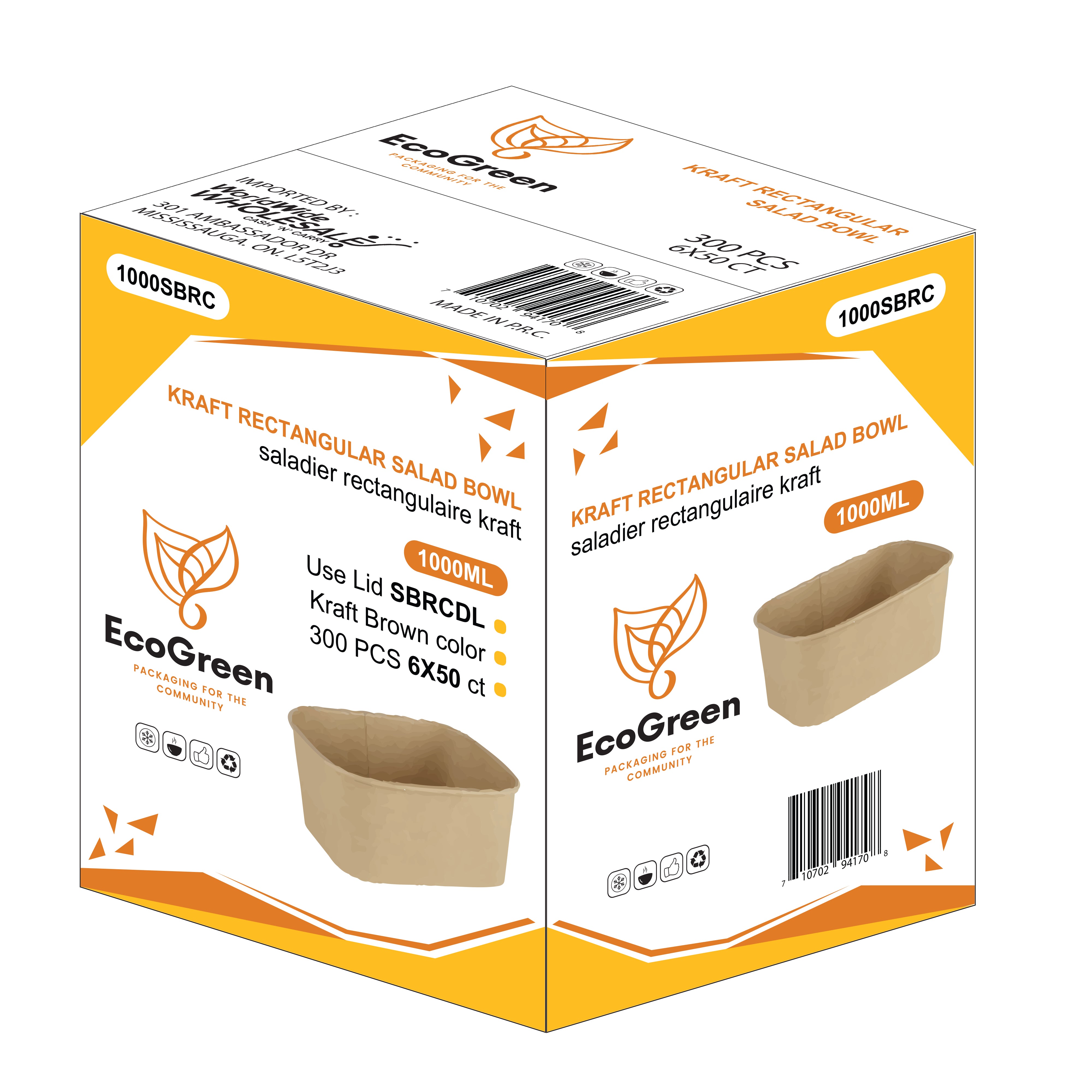 EcoGreen - Kraft Salad Bowl - Rectangular - 1000ml