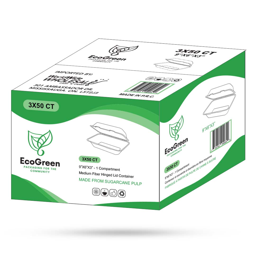 EcoGreen - 9X6X3 Bagasse Hinged Lid Container