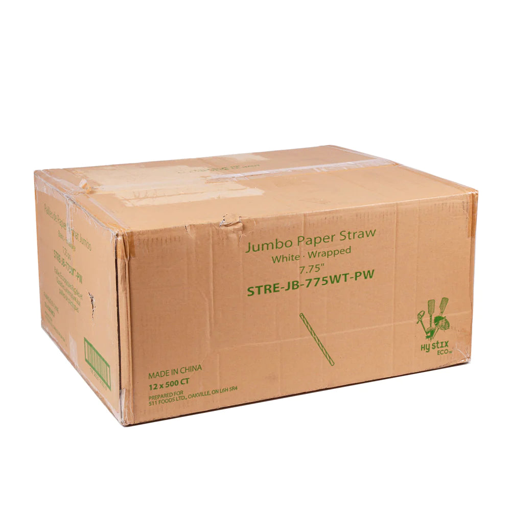 Hy Stix Straw Super Jumbo 7.75" White Paper Wrapped STRE-JB-775WT-PW