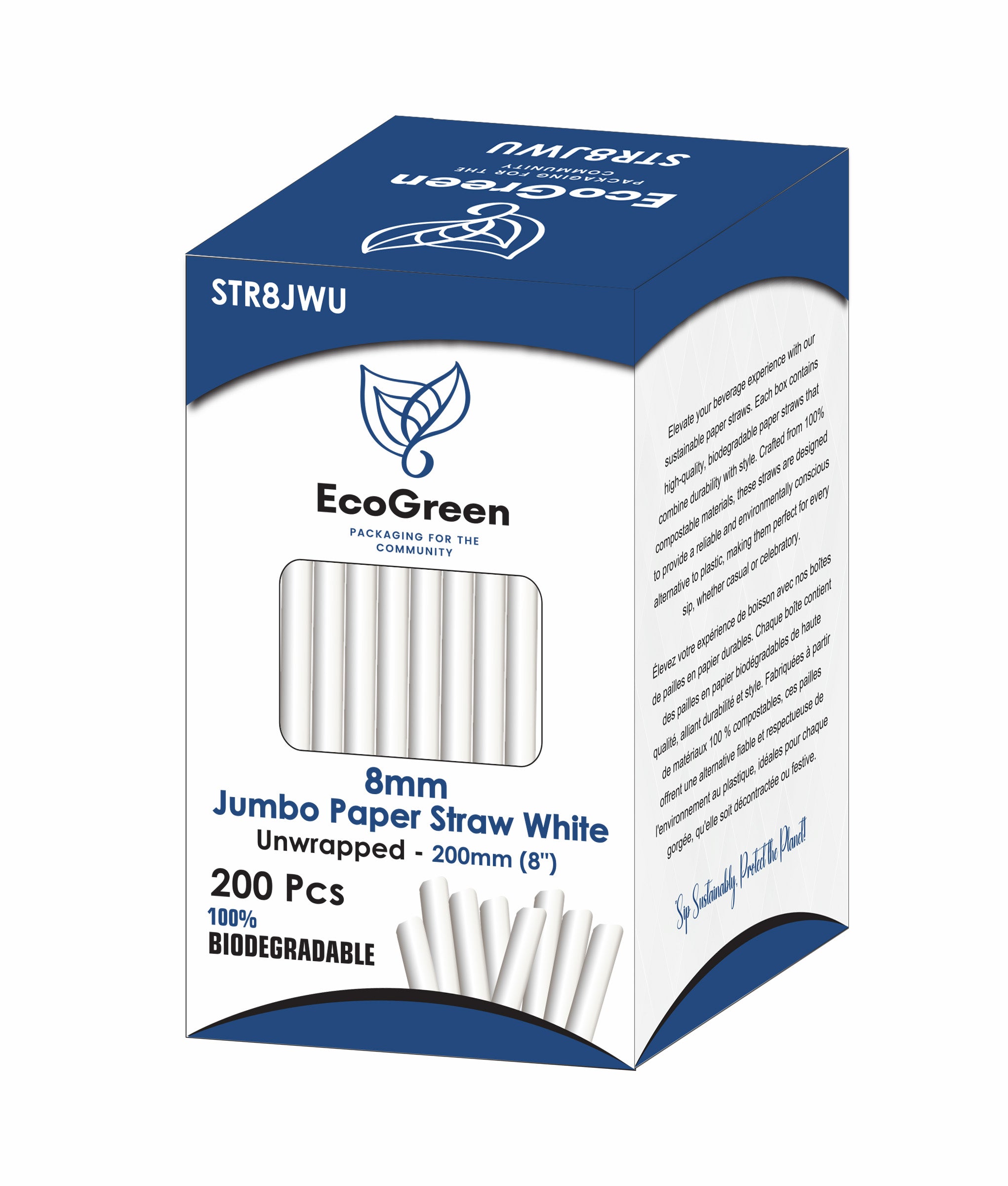 Ecogreen - 8" Jumbo Paper Straws - Unwrapped - 200Ct