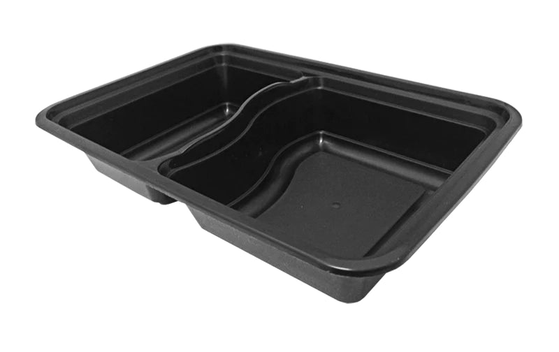 PCM - 9" Rectangular Black 2 Compartment Plastic Container 32oz - Combo